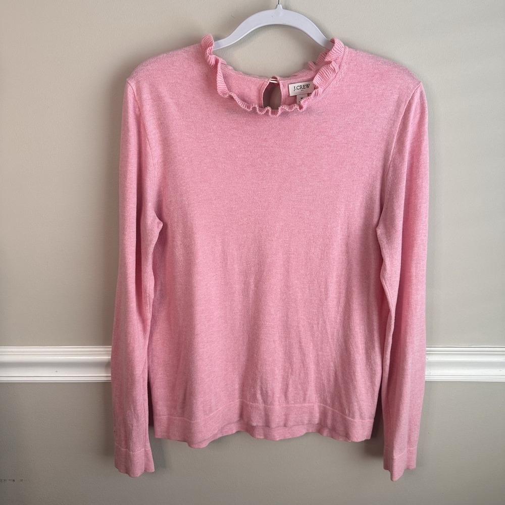 J Crew Pink Ruffle Neck Sweater M Pullover Feminine Coquette Soft Girl Basic